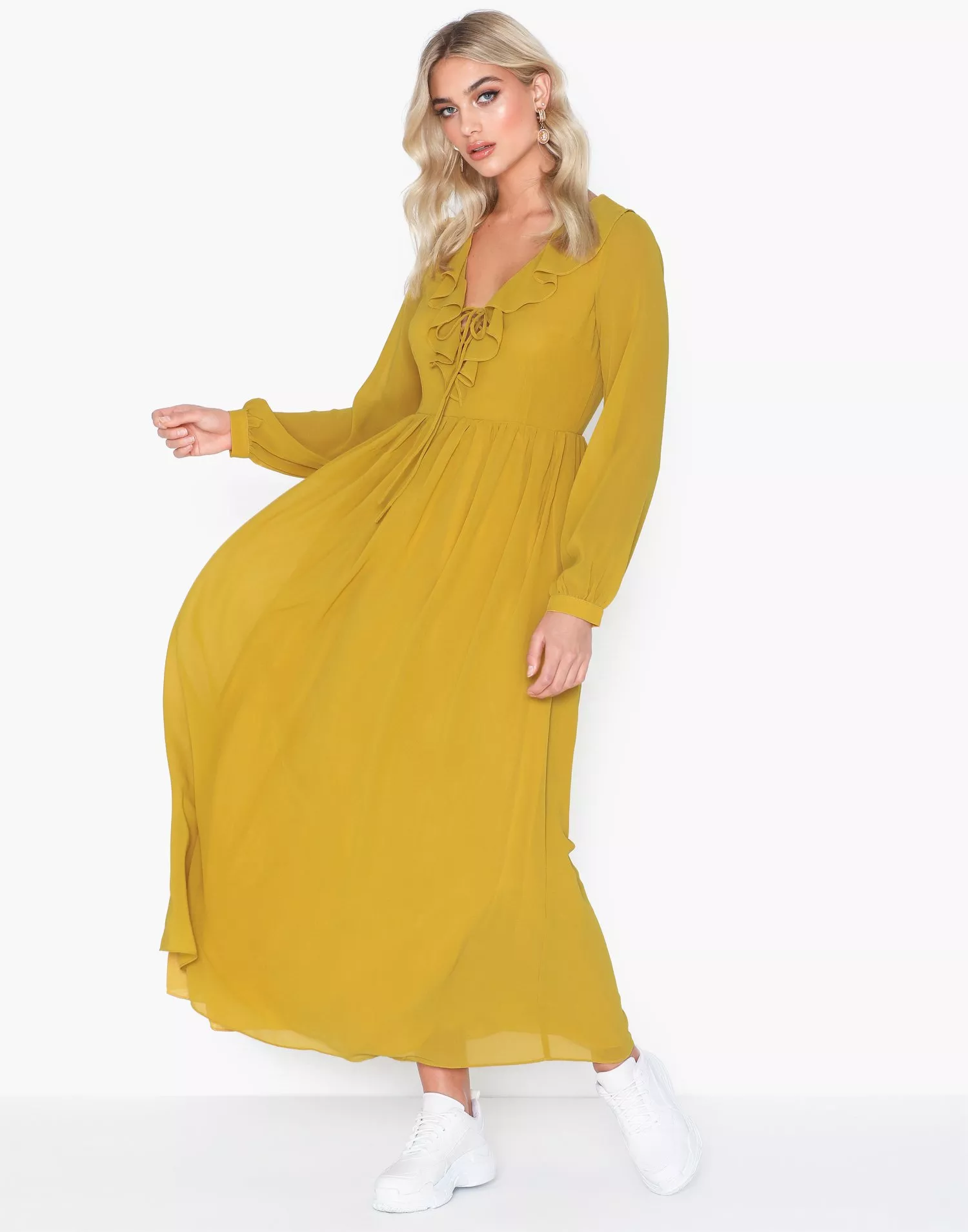 buy-glamorous-long-sleeve-frill-dress-mustard-nelly