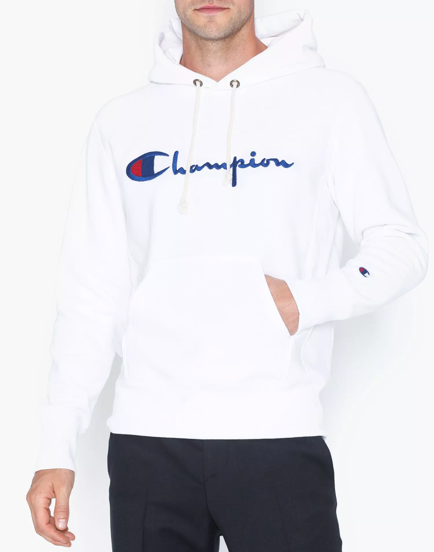 Champion white script on sale hoodie